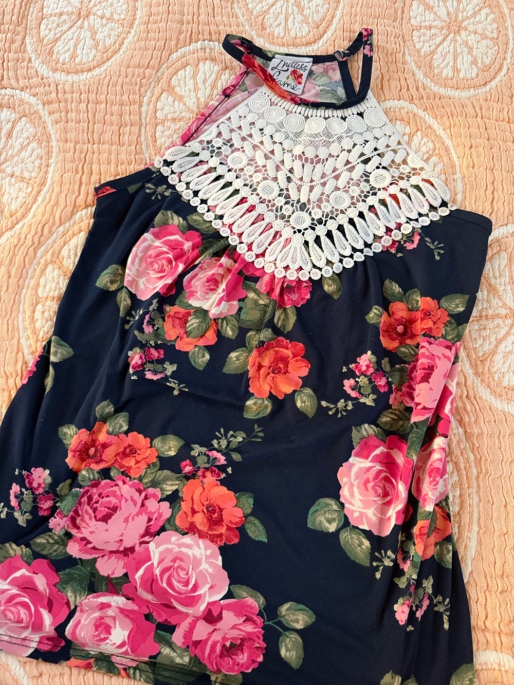 Navy Floral Halter Tank with White Crochet Yoke